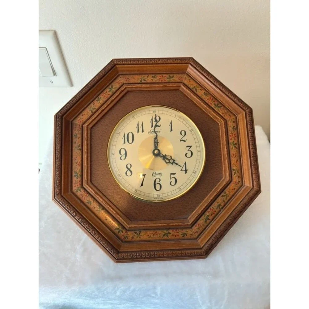 Vintage Homeco Wooden Octagon Quartz Clock Floral Country Cottagecore